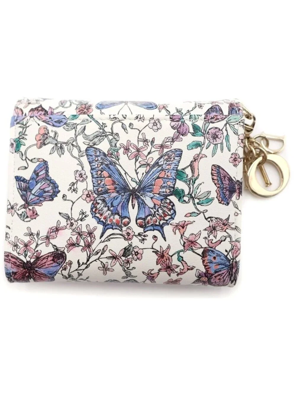 Dior Cannage Papillon Flower Compact Wallet Trifold Coin Case White Multicolor